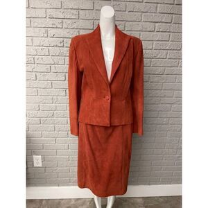 VTG Ode Lamb Suede One Button 2 Piece Skirt Long Sleeve jacket Suit Size S